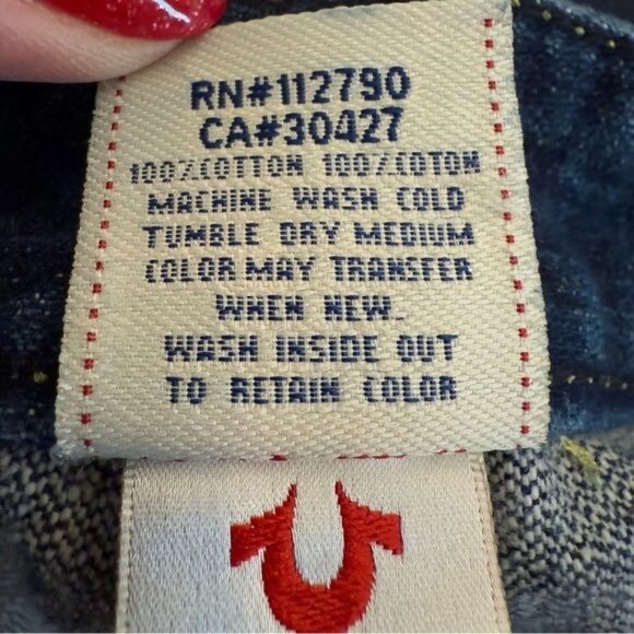 True Religion Jeans Joey Big T Flare Twisted Leg Size 27 Waist Denim Gold Stitch - Picture 10 of 13